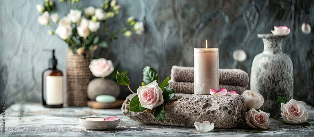 Aufkleber A serene arrangement of spa items roses and a candle on a rustic grey table with room for text in the image. with copy space image. Place for adding text or design