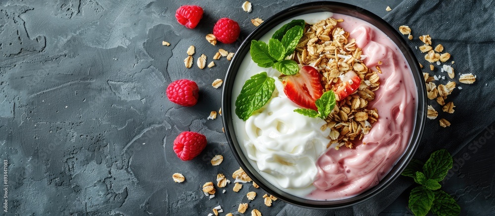Aufkleber granola bowl with yogurt assorted toppings on stone backdrop in top view ideal for a delectable and 