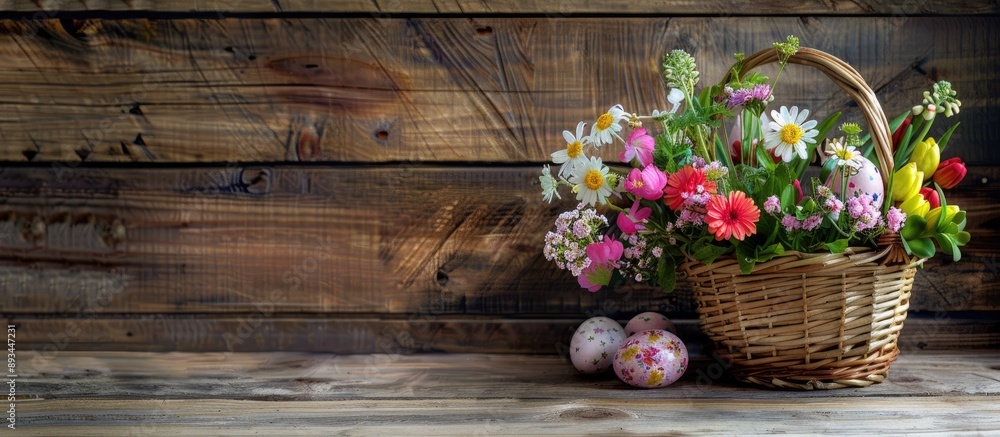 Fototapete Spring flowers in a wooden background basket with Easter eggs conveying a festive and colorful theme with copy space image to include your own text or design