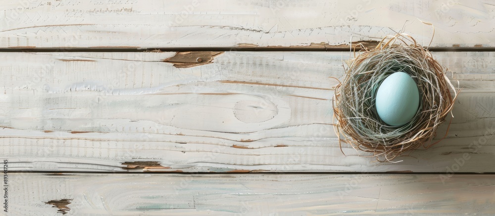 Poster An Easter themed image features an egg placed in a nest cup on a white wooden surface creating a serene and seasonal scene ideal for a spring themed greeting card with room for additional text or ima