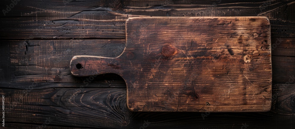 Poster dark wooden table with an aged cutting board top down perspective with ample copy space image availa