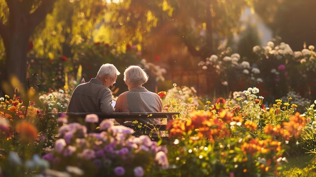 Elderly couple enjoying a peaceful moment in a vibrant flower garden, bathed in warm sunlight, capturing the essence of togetherness and nature.