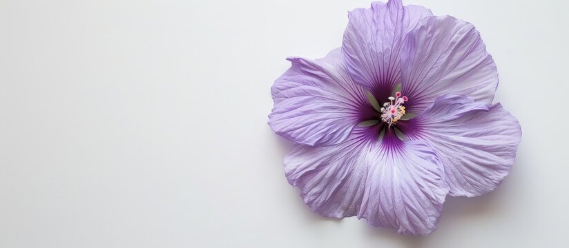 Hibiscus syriacus purple flower displayed on a white backdrop creates a striking visual with copy space image