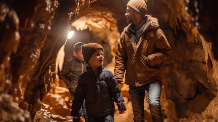 Fototapeta premium Family exploring a cave, adventurous kids with adult walking through illuminated cave passage wearing jackets and hats.