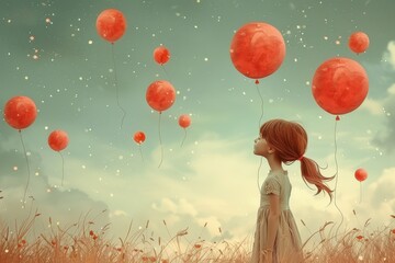 A whimsical scene of a young girl standing in a serene field, surrounded by floating red balloons, evoking a sense of wonder and imagination against a dreamy sky.