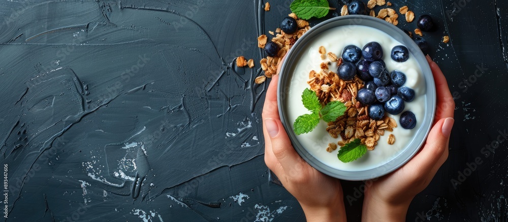 Poster Top view of a woman s hands holding a bowl with yogurt granola and blueberries with selective focus and empty space for text or other elements known as a copy space image