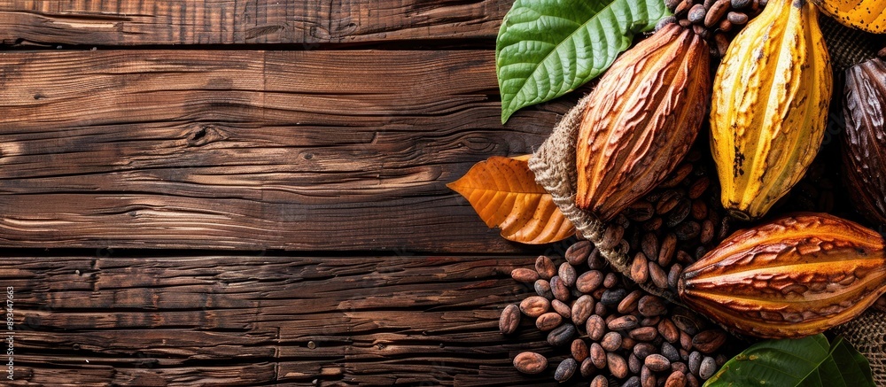 Poster wooden table displaying cocoa pods and beans with available copy space for text