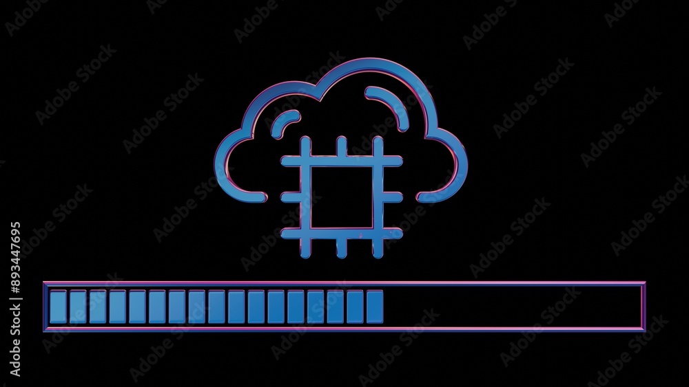 Poster Neon Cloud Computing Icon with Loading Bar on Black Background..