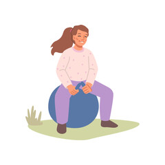Girl jumping on big ball on grass, smiling young girl jumps on balloon, child bouncing on hopper ball. Cartoon style vector illustration. Happy woman bounce in park, fitness exercises