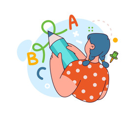 Child pupil writing abc letters at paper or board on English language lesson. Vector flat student learning in school, education and obtaining knowledge about alphabet and words