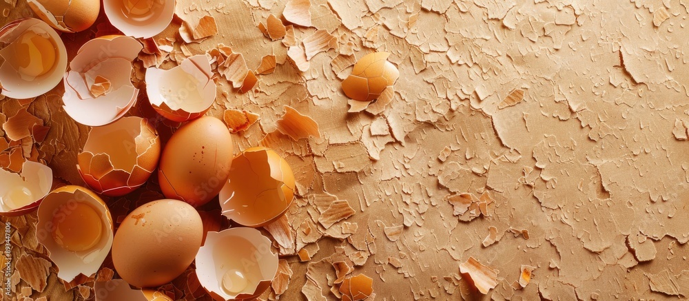 Poster crushed eggshells on a blank canvas with copy space image available