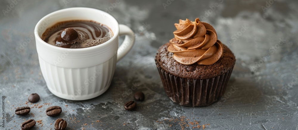 Aufkleber A white cup filled with coffee next to a chocolate cupcake with an empty space for inserting an image. with copy space image. Place for adding text or design