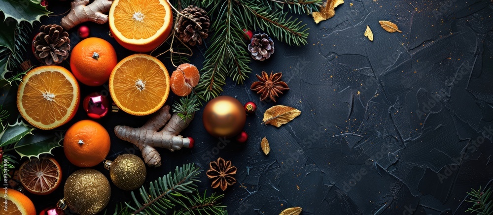 Poster Festive Christmas composition with holiday elements like oranges pinecones tree ornaments fruit and ginger on a dark backdrop arranged neatly with space for text and a copy space image