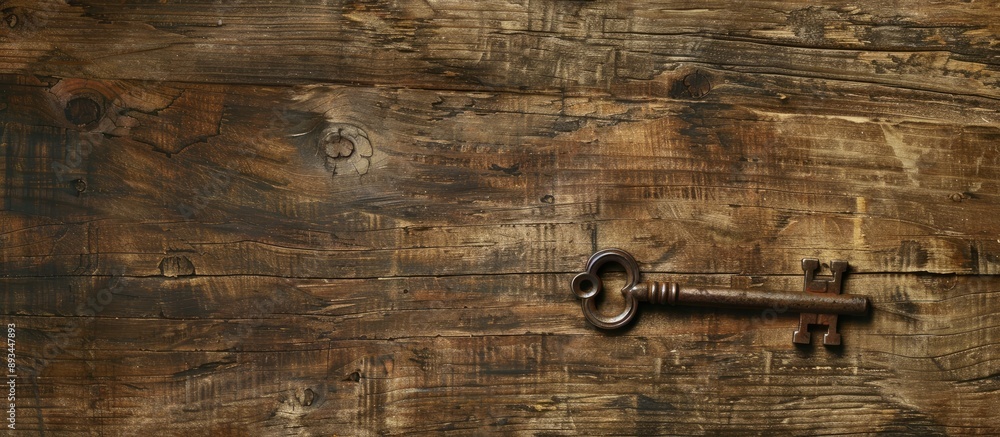 Poster Ancient key resting on a rustic wooden table with copy space image available