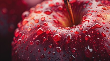 Close-up of a red apple with water droplets, emphasizing the vibrant color and crisp texture.