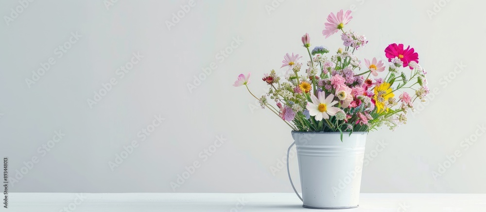 Aufkleber A bouquet of flowers in a pail set on a clean white surface with a blank space for an image. with copy space image. Place for adding text or design