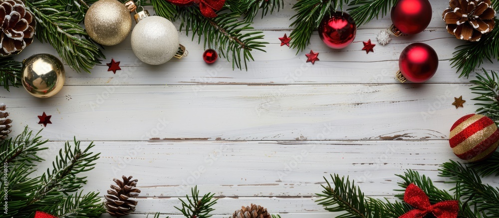 Poster top view of christmas ornaments and a garland framing a copy space image on a white wooden table wit