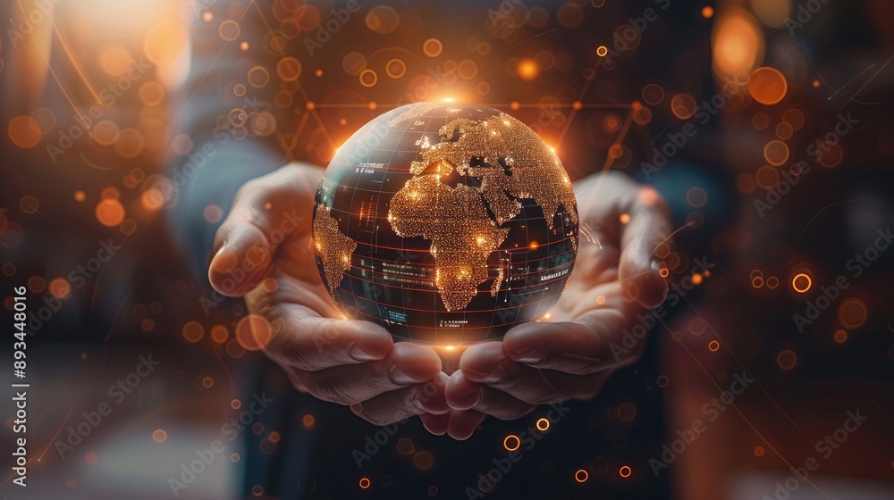 Poster hands holding a glowing globe with economic indicators and growth trends, symbolizing global economi
