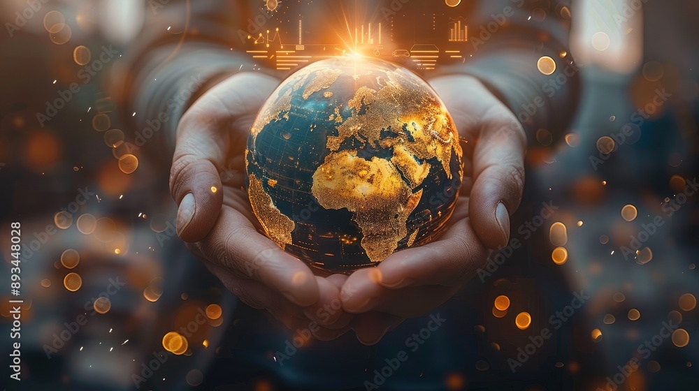 Poster hands holding a glowing globe with economic indicators and growth trends, symbolizing global economi