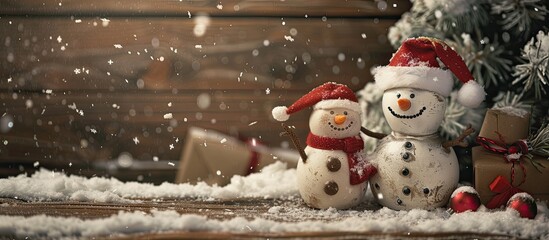 Vintage Christmas backdrop featuring a classic snowman and Santa embracing on a rustic wooden surface with available copy space image at the top and bottom