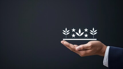 A hand reaching out to touch a digital rating system made up of five blue stars, connected by white lines, against a bokeh background