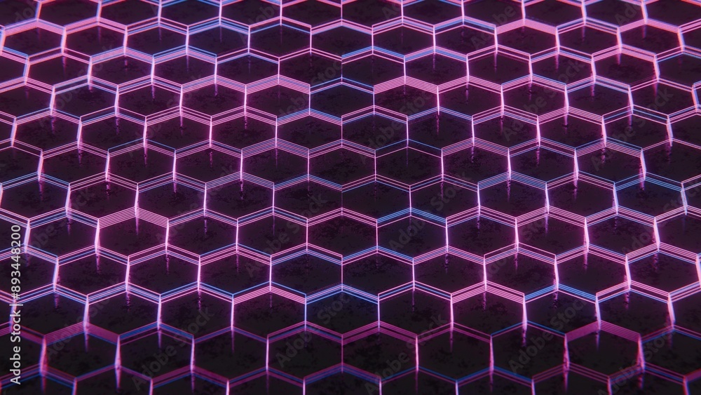 Poster Dark Abstract Hexagonal Pattern with Purple and Pink Light Reflections..
