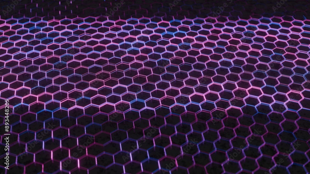 Poster Dark Abstract Hexagonal Pattern with Purple and Pink Light Reflections..