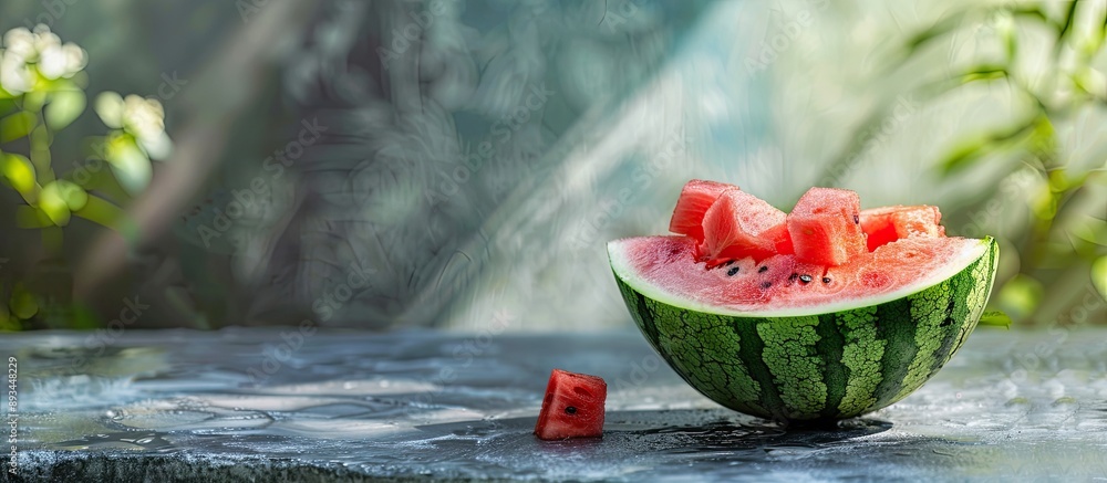 Poster watermelon smoothie in a halved watermelon shell displayed on a stone table with copy space image
