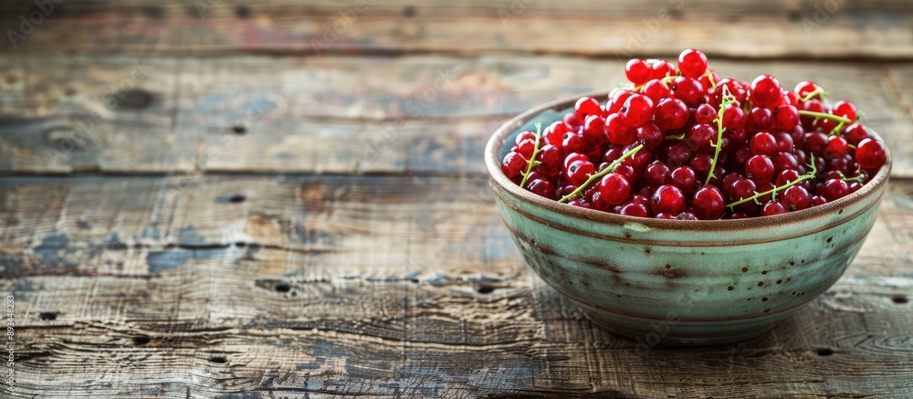 Leinwandbilder A bowl filled with ripe red currants on a rustic wooden surface with ample copy space for an image
