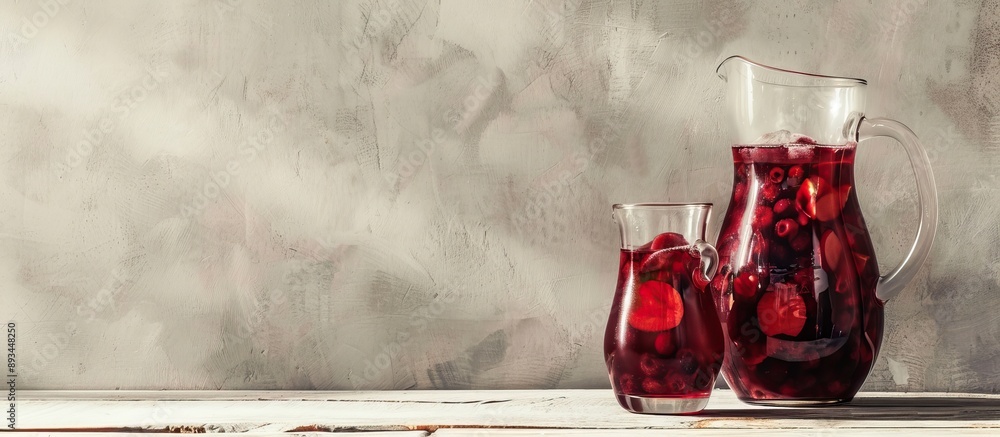 Poster Red Sangria served in a glass and a jug placed on a white wooden table set against a light grey background providing a clear copy space image