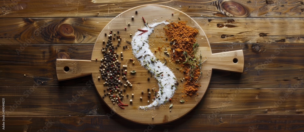 Aufkleber Wooden surface displaying a Yin Yang formation of spices and herbs ideal for cooking with ample copy space in the image