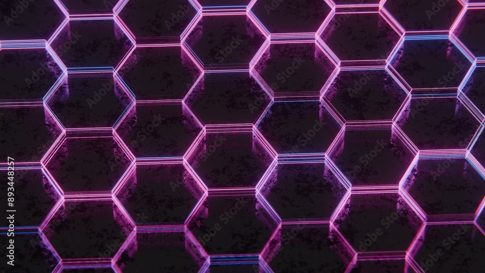 Poster Dark Abstract Hexagonal Pattern with Purple and Pink Light Reflections..