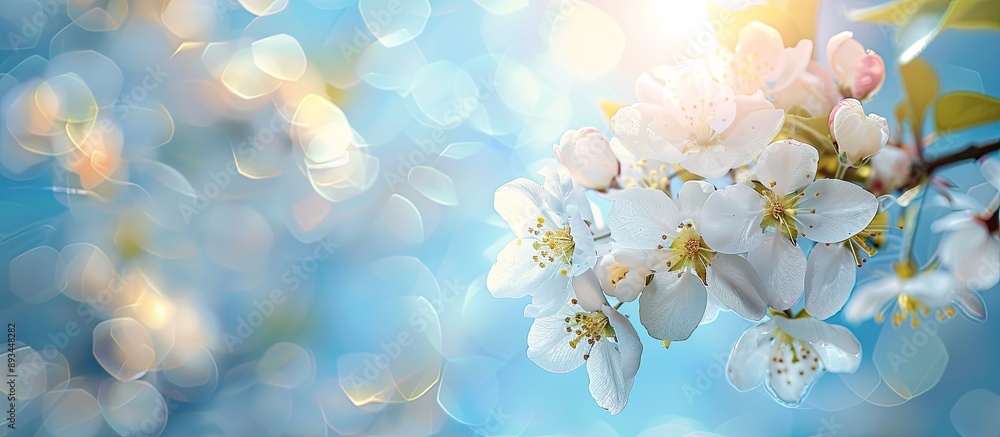 Leinwandbilder White flowers blooming on an old apple tree branch against a blue spring sky with a blurred background and selective focus perfect for a nature themed design with copy space image