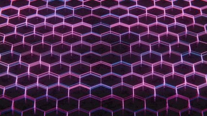 Dark Abstract Hexagonal Pattern with Purple and Pink Light Reflections..