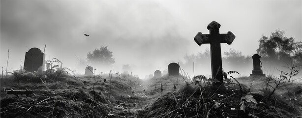 The tombstone with white fog in the graveyard in the black and white theme