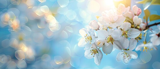 Fototapeta premium White flowers blooming on an old apple tree branch against a blue spring sky with a blurred background and selective focus perfect for a nature themed design with copy space image