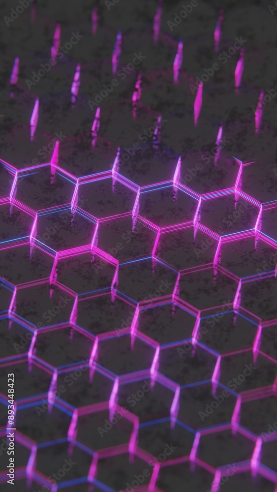 Poster dark abstract hexagonal pattern with purple and pink light reflections..