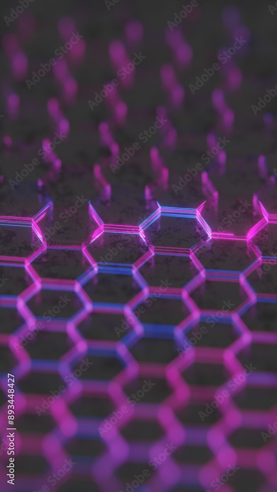 Poster Dark Abstract Hexagonal Pattern with Purple and Pink Light Reflections..