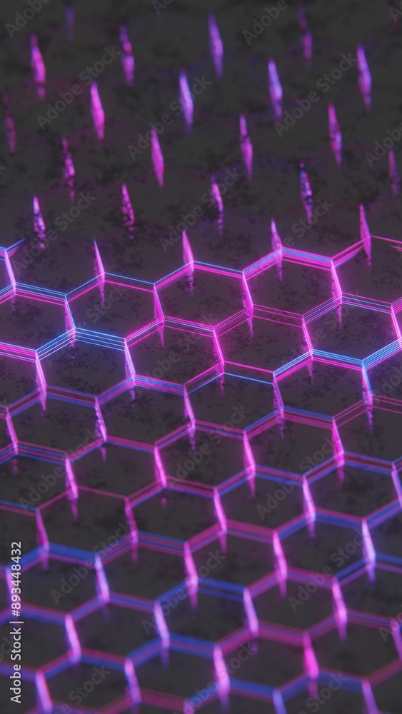 Fototapete dark abstract hexagonal pattern with purple and pink light reflections..