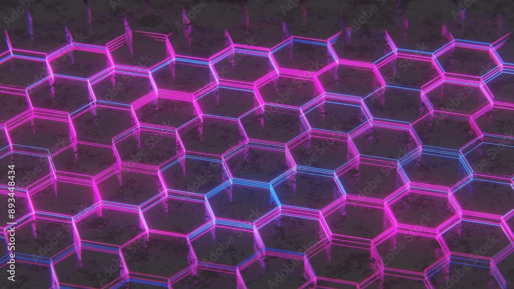 Poster Dark Abstract Hexagonal Pattern with Purple and Pink Light Reflections..