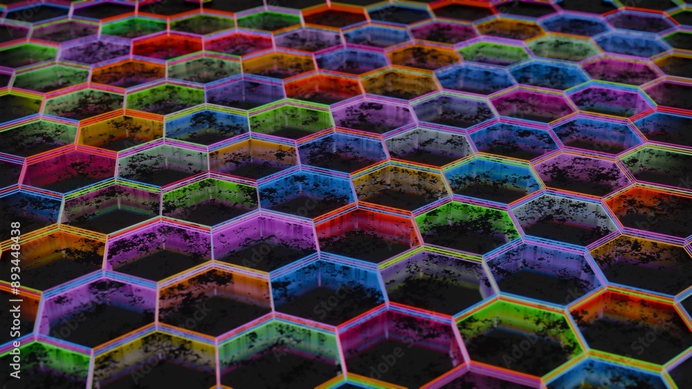 Poster Colorful Abstract Hexagonal Pattern with Neon Light Reflections..