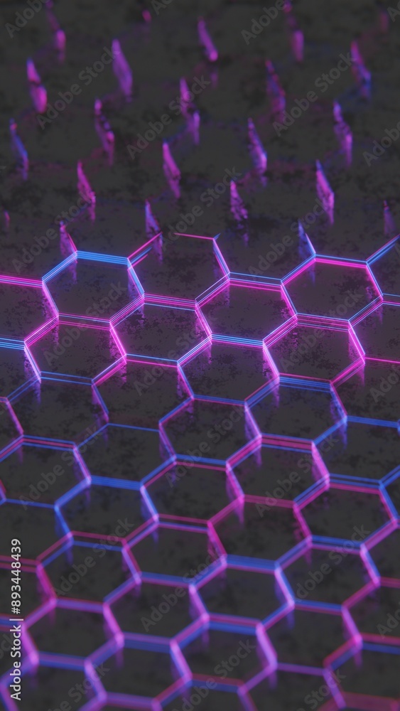 Poster Dark Abstract Hexagonal Pattern with Purple and Pink Light Reflections..