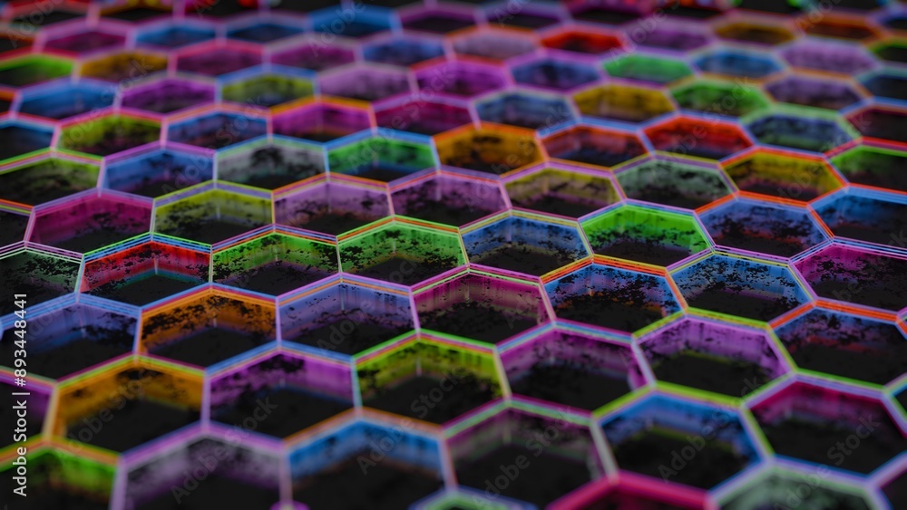 Poster Colorful Abstract Hexagonal Pattern with Neon Light Reflections..