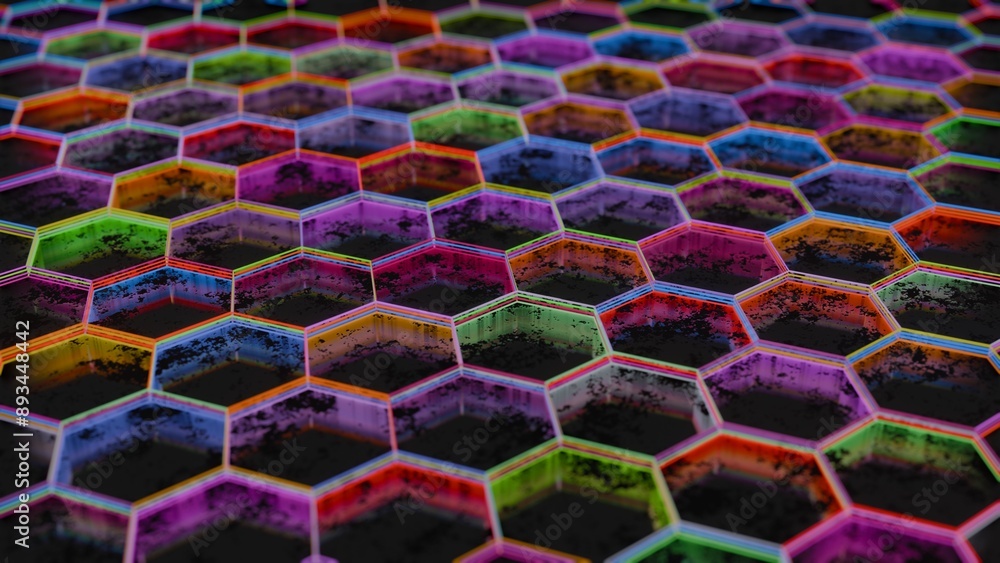 Poster Colorful Abstract Hexagonal Pattern with Neon Light Reflections..