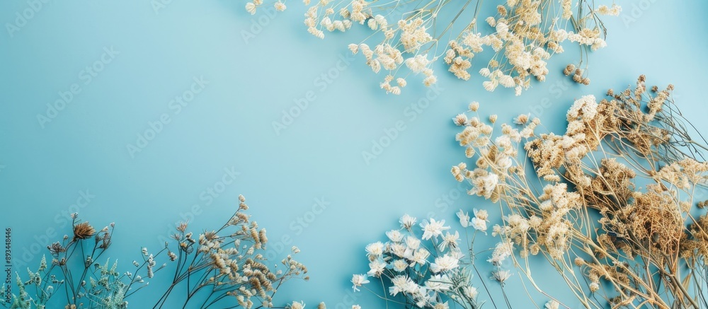 Aufkleber flat lay showing white and blue dried flowers on a pastel background with copy space image available