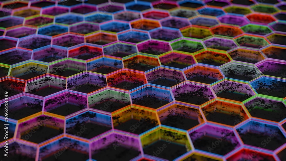 Poster Colorful Abstract Hexagonal Pattern with Neon Light Reflections..