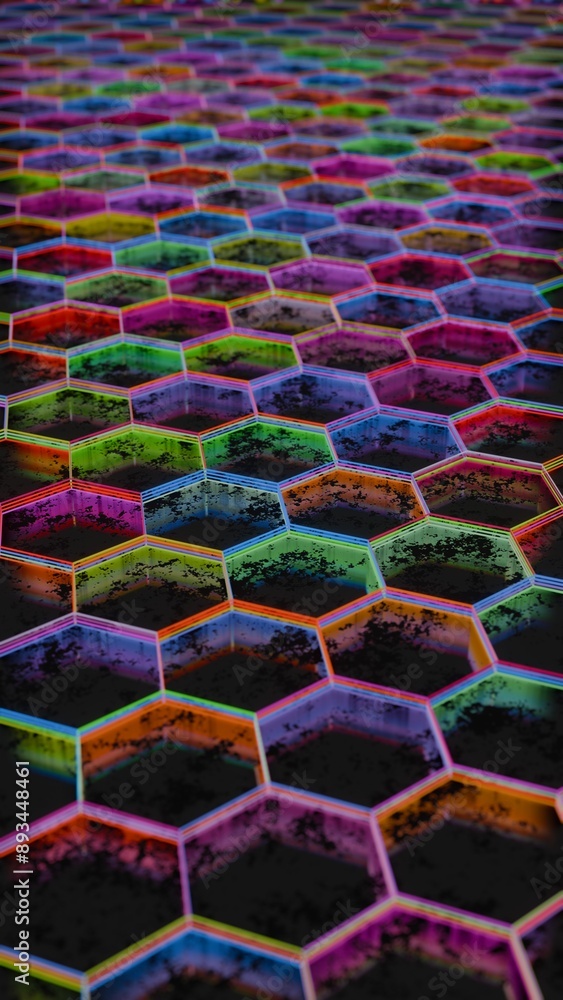 Poster Colorful Abstract Hexagonal Pattern with Neon Light Reflections..