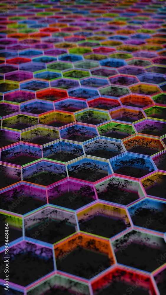 Poster Colorful Abstract Hexagonal Pattern with Neon Light Reflections..