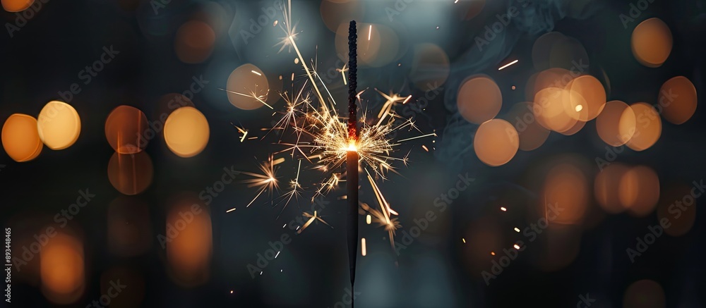 Poster Sparkling party sparkler illuminated in the darkness with selective focus on it creating a captivating visual effect in the copy space image