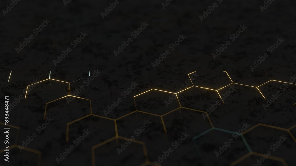Poster Illuminated Hexagonal Pattern with Neon Pink and Yellow Lights..